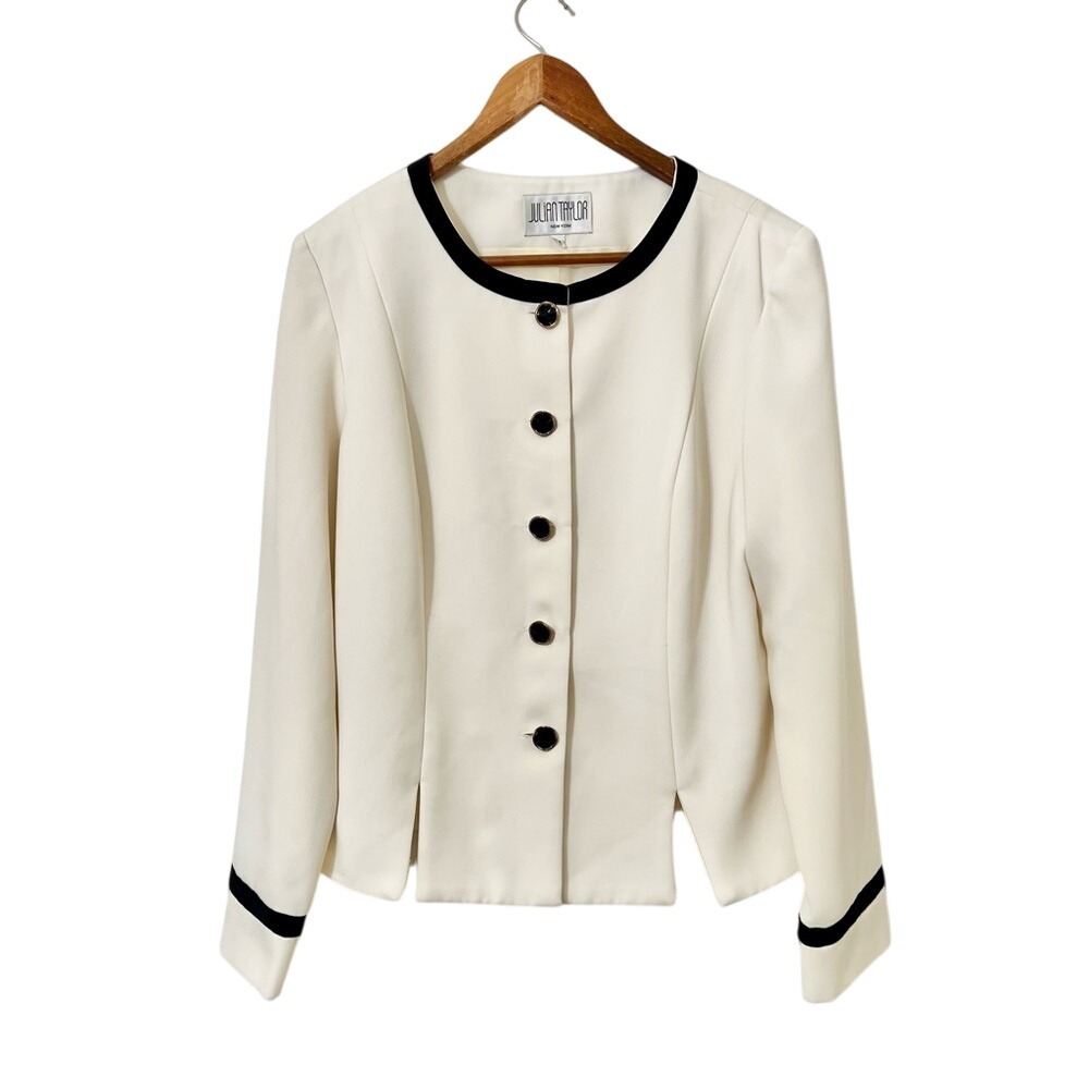 Julian Taylor New York Cream Blazer Black Trim Button Front Career Jacket Preppy